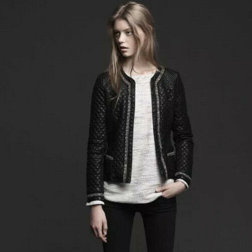 Zara Quilted Faux Leather Beaded Jacket